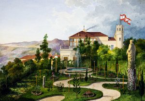 Ulkopuoli puutarhalla, Villa Lazzarovic Triesten lounaaseen Maximilian of Habsburg (1832-1867) tekijältä Alberto Prosdocini or Prosdocimi