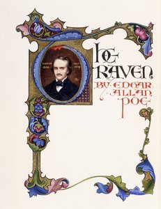 Valaistu nimilehti Edgar Allan Poen kirjasta "The Raven", jossa näkyy taiteilijan muotokuva ja historiallinen alkukirjain "T" tekijältä Alberto Sangorski