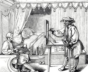 Puupiirros, jossa taiteilija käyttää piirustusapuvälinettä muotokuvan mittasuhteiden oikeaksi saamiseksi. Kaiverrus Albrecht Dürer (1471-1528), saksalainen taidemaalari, taidegraafikko ja renessanssin teoreetikko
