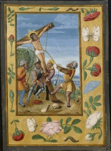 Lehti tuntikirjasta: 1510-1520 (temperaa ja nestemäistä kultaa pergamentilla).