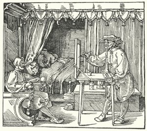 Menetelmä mittakaavakuvan tuottamiseksi merkitsemällä esineen ääriviivat lasilevylle (kaiverrus) tekijältä Albrecht (after) Durer or Duerer