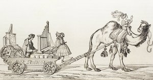 Urkuri Paul Hoffaner soittamassa kamelin piirtämissä vaunuissa, n. 1880 (kaiverrus)