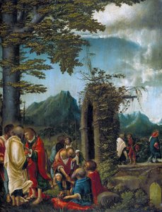 Saksa: Der Abschied der Apostel in waldiger Landschaft Apostolien ehtoollinen / Apostolit metsäisessä maisemassa. tekijältä Albrecht Altdorfer