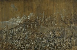 Landaknechten, Taistelu sillalla (kynä ja muste guassilla paperilla) tekijältä Albrecht Altdorfer