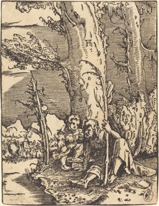 Pyhä Christopher istuu joen rannalla tekijältä Albrecht Altdorfer
