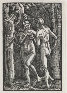 Ihmisen lankeemus ja lunastus: Aadam ja Eeva syömässä kiellettyä hedelmää, n. 1513. tekijältä Albrecht Altdorfer