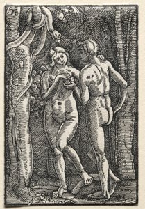 Ihmisen lankeemus ja lunastus: Aadam ja Eeva syömässä kiellettyä hedelmää, n. 1515. tekijältä Albrecht Altdorfer