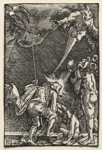 Ihmisen lankeemus ja lunastus: Laskeutuminen helvettiin, n. 1515. tekijältä Albrecht Altdorfer