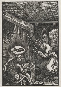 Ihmisen lankeemus ja lunastus: Ilmoitus, n. 1513. tekijältä Albrecht Altdorfer