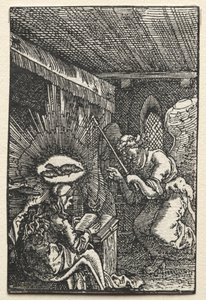 Ihmisen lankeemus ja lunastus: Ilmoitus, n. 1515. tekijältä Albrecht Altdorfer