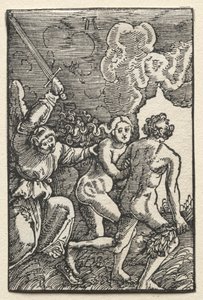 Ihmisen lankeemus ja lunastus: Karkotus Eedenistä, n. 1515. tekijältä Albrecht Altdorfer