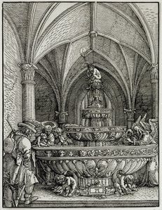 Pyhällä perheellä on lähde. Kaiverrus saksalaiselta Albrecht Altdorferilta (1480-1538). Louvren taidemuseo tekijältä Albrecht Altdorfer
