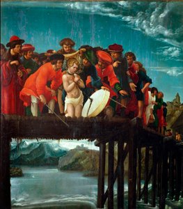 Pyhän Florianuksen marttyyri Kristitty Florian, marttyyrikuolema Diocletianuksen vainon aikana, heitettiin jokeen lähellä Lorchia Itävallassa vuonna 304 jKr. Yksityiskohta. Albrecht Altdorferin maalaus (1480 ca.-1538) 1525-1530 Dim. 76x67 cm Firenze, galle tekijältä Albrecht Altdorfer