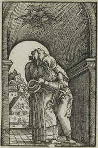 Joachimin ja Annen tapaaminen julkaisusta The Fall and Redemption of Man tekijältä Albrecht Altdorfer