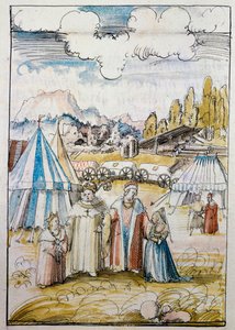 Tuleva keisari Maximilian I tapaa isänsä Friedrich III:n johdolla morsiamensa Burgundin Marian Neussissa ... tekijältä Albrecht Altdorfer