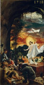 Kristuksen ylösnousemus Hänellä on ristisauva, jonka päässä kelluu valkoinen lippu (standardi). Albrecht Altdorferin (n. 1480-1538) maalaus 1518 Dim. 70x37 cm Wienin taidehistoriallinen museo tekijältä Albrecht Altdorfer