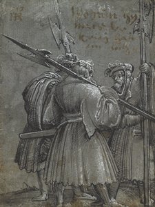 Kolme yövartijaa, 1513 (piirustus siniselle harmaalle paperille) tekijältä Albrecht Altdorfer