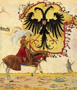 Keisari Maximilianuksen riemukulkue, kohtaus: keisarillinen lippu ja miekka, detalji tekijältä Albrecht Altdorfer