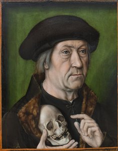 Autoportrait avec un crane - Omakuva kallolla, kirjoittanut Bouts, Aelbrecht (Albert) (1451/54-1549). Öljy puulle, c. 1520. Mitat : 42,6x33 cm. Muzeul National Brukenthal, Sibiu