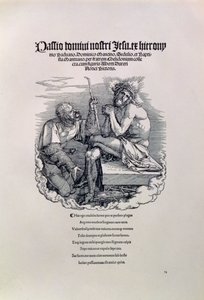 Roomalainen sotilas, joka pilkkaa Kristusta, yläpuolella taiteilijan nimi latinaksi ja alapuolella runo, joka moittii miestä hänen synneistään, sarjan Suuri kärsimys otsikkosivu, pub. 1511 tekijältä Albrecht Dürer