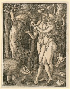 Aadam ja Eeva, lehti 2 sarjasta "Pieni puupiirrospassio" tekijältä Albrecht Dürer