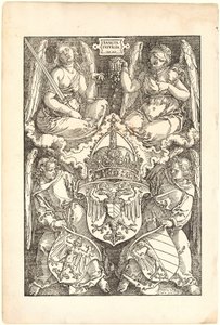 Allegoria, jossa esiintyvät keisarikunnan ja Nürnbergin kaupungin vaakunat tekijältä Albrecht Dürer