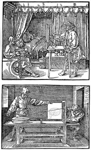 Laite kolmiulotteisten esineiden kääntämiseen kaksiulotteisiksi piirroksiksi, 1525, 1936 tekijältä Albrecht Dürer