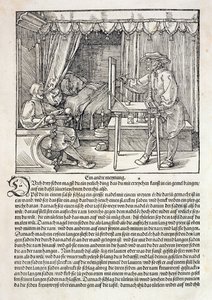 Taiteilija, joka käyttää Durerin piirustuskonetta hahmon maalaamiseen, Albrecht Durerin piirtämisen taiteen kurssista, Nürnberg 1525 (katso myös 310983) tekijältä Albrecht Dürer