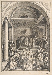 Kristus lääkäreiden joukossa, teoksesta The Life of the Virgin, latinalainen painos, 1511.n.d. tekijältä Albrecht Dürer