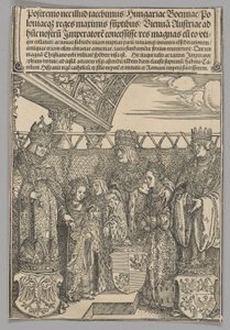 Kongressi ja tuplakihlaus Wienissä, levy 23 historiallisista kohtauksista keisari Maximilian I:n elämästä Riemukaaresta tekijältä Albrecht Dürer