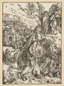 Enkeli heittää lohikäärmeen syvyyteen ja sulkee sen sinne (Ilmestyskirja) tekijältä Albrecht Dürer