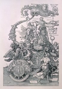 Suunnittelu keisari Maximilian I:n suurelle voittovaunulle: yksityiskohta hyveistä asettamassa seppelettä keisarin päähän, suunnitteli Willibald Pirckheimer, pubi. n.1518 tekijältä Albrecht Dürer