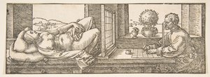Valmistelija tekee perspektiivipiirustuksen makuuasennosta, n. 1600. tekijältä Albrecht Dürer