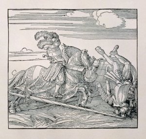 Saksan keisari Maximilian I (1459-1519) vapauttaa vastustajansa kilpailussa julkaisemattomasta kirjasta, joka ylistää keisarien ritarillisia tekoja, n. 1515 tekijältä Albrecht Dürer