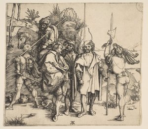 Viisi jalkasotilasta ja ratsuturkki, n. 1495. tekijältä Albrecht Dürer