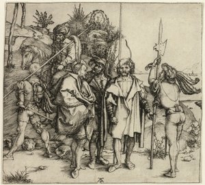 Viisi Landsknechteä ja itämainen mies hevosen selässä tekijältä Albrecht Dürer