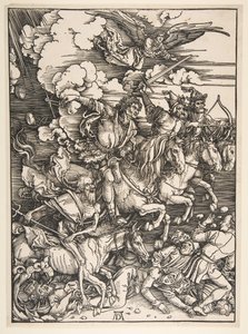 Apokalypsin neljä ratsumiestä, n. 14971498. tekijältä Albrecht Dürer