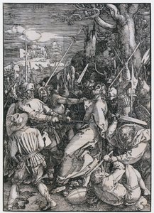 Kristuksen pidätys, sarjan ”Suuri passio” 4. sivu tekijältä Albrecht Dürer