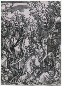 Kristuksen hautaaminen, lehti 10 sarjasta "Suuri passio" tekijältä Albrecht Dürer