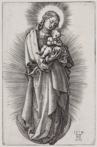 Neitsyt hiusnauhassa, sädekehässä kuunsirpin päällä tekijältä Albrecht Dürer