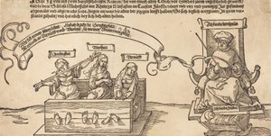 Oikeus, totuus ja järki pörssissä istuvan tuomarin ja nukkuvan hurskauden kanssa, luultavasti 1526. tekijältä Albrecht Dürer
