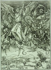 Ilmestyskirja (latinalainen painos): Pyhä Mikael kukistaa lohikäärmeen (Bartsch 72) tekijältä Albrecht Dürer