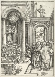 Neitsyen elämä: Nuoren neitsyen esitys temppelissä, 1504-1505. tekijältä Albrecht Dürer