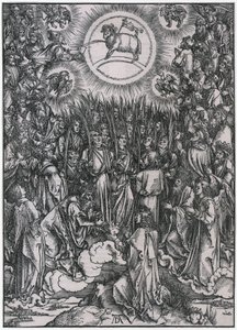 Valittujen ylistyslaulu taivaassa / Karitsan palvonta, XII. kuva, sivu 14 sarjasta ”Ilmestyskirja” tekijältä Albrecht Dürer