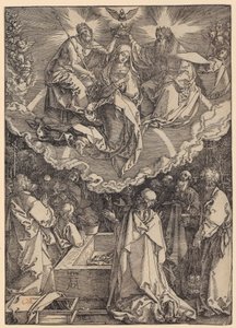Neitsyt Marian taivaaseenastuminen ja kruunaaminen, sarjan ”Marian elämä” sivu 19 tekijältä Albrecht Dürer