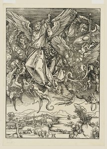 Mikael ja hänen enkelinsä taistelevat lohikäärmettä vastaan tekijältä Albrecht Dürer