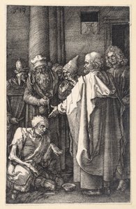 Pietari ja Johannes parantavat ramman kerjäläisen temppelissä (Kuparikaiverruspassio) tekijältä Albrecht Dürer
