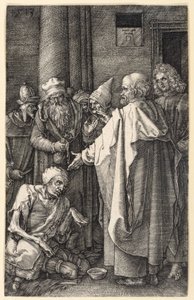 Pietari ja Johannes parantamassa rampaa kerjäläistä temppelissä (Kuparikaiverruspassio) tekijältä Albrecht Dürer