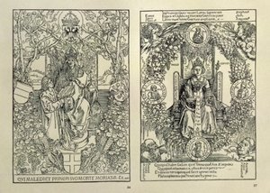 Filosofia ja Habsburgien keisari, Nürnbergin Konrad Celtisin kirjoittamasta Quatuor Libri Amorumista, 1502 tekijältä Albrecht Dürer