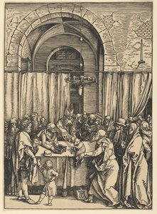 Joakimin uhrilahjan hylkääminen, sarjasta Neitsyt Marian elämä tekijältä Albrecht Dürer